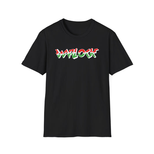 Black t-shirt with red, white, and green "WARLOCK" text in a stylized font.