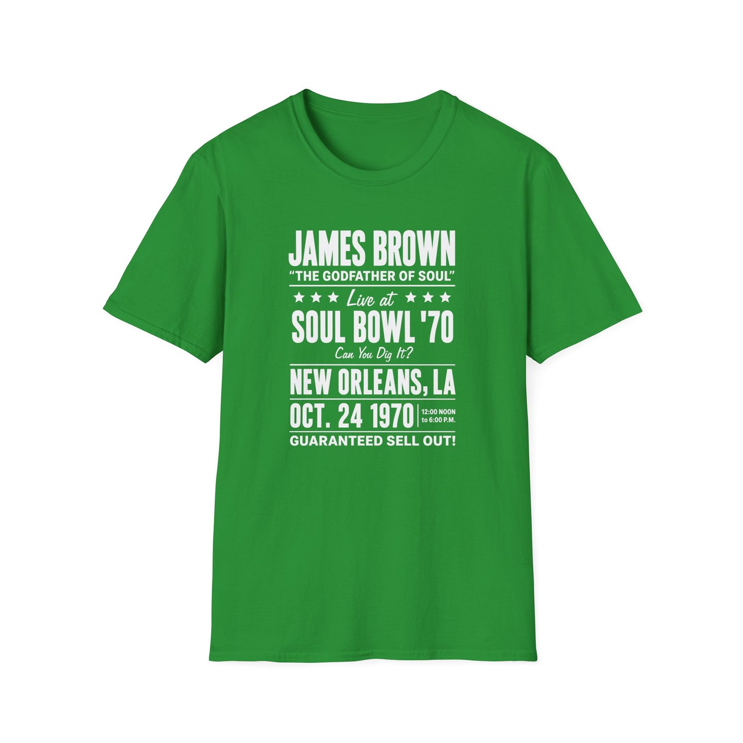 Green t-shirt with James Brown "Soul Bowl '70" New Orleans Oct. 24, 1970 concert text.