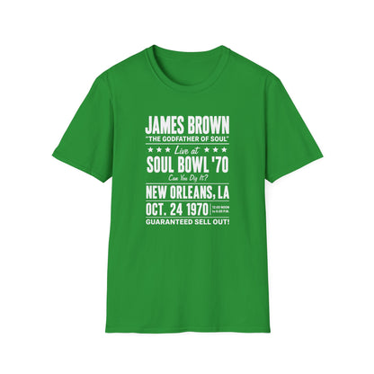 Green t-shirt with James Brown "Soul Bowl '70" New Orleans Oct. 24, 1970 concert text.