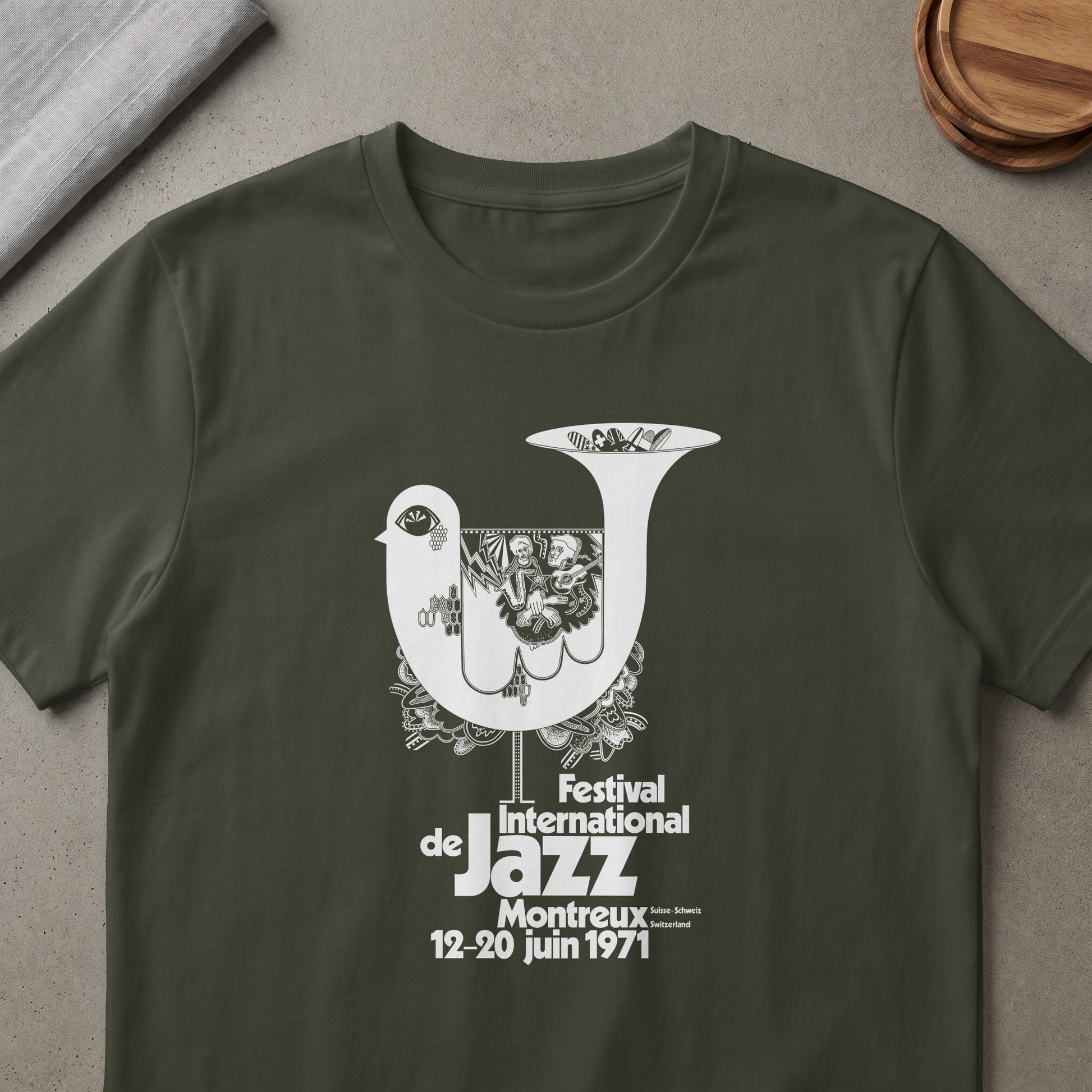Montreux Jazz Festival 1971 white graphic tee on olive shirt