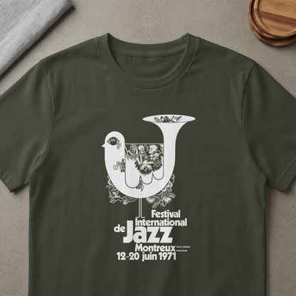 Montreux Jazz Festival 1971 white graphic tee on olive shirt