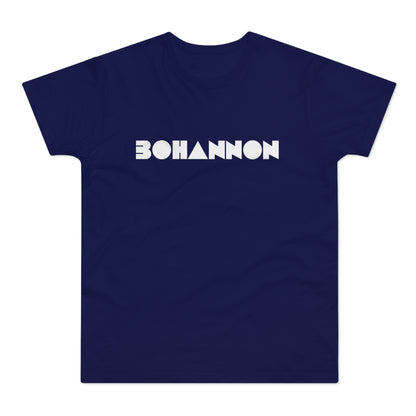 Navy t-shirt with white "BOHANNON" text in a geometric font.