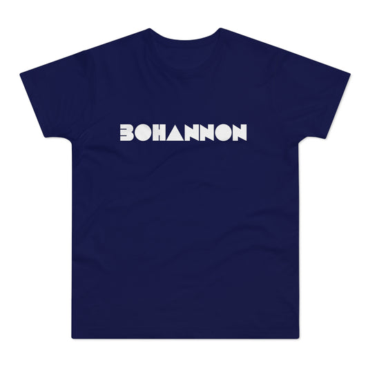 Navy t-shirt with white "BOHANNON" text in a geometric font.