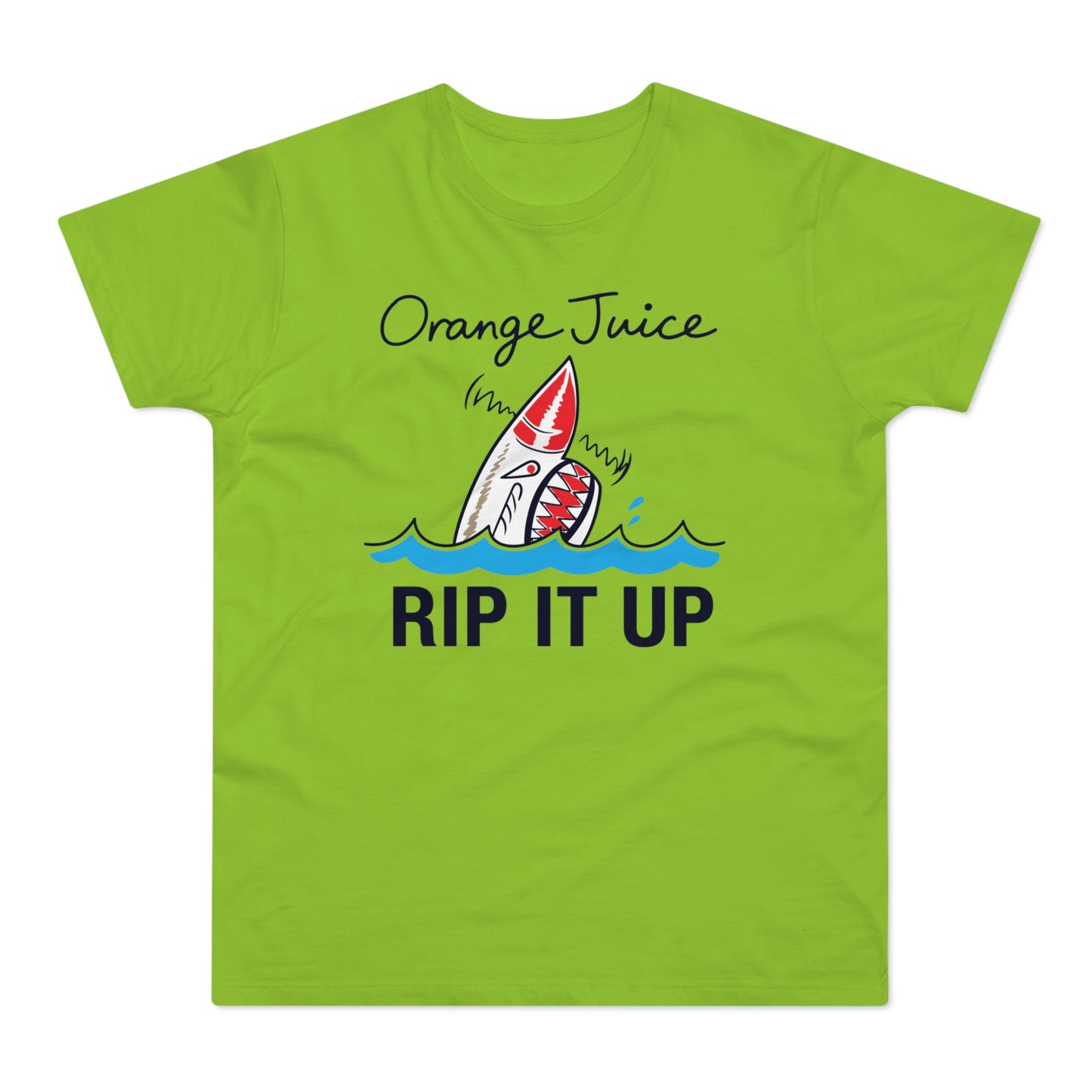 Lime green shirt with cartoon shark graphic and text "Orange Juice RIP IT UP".