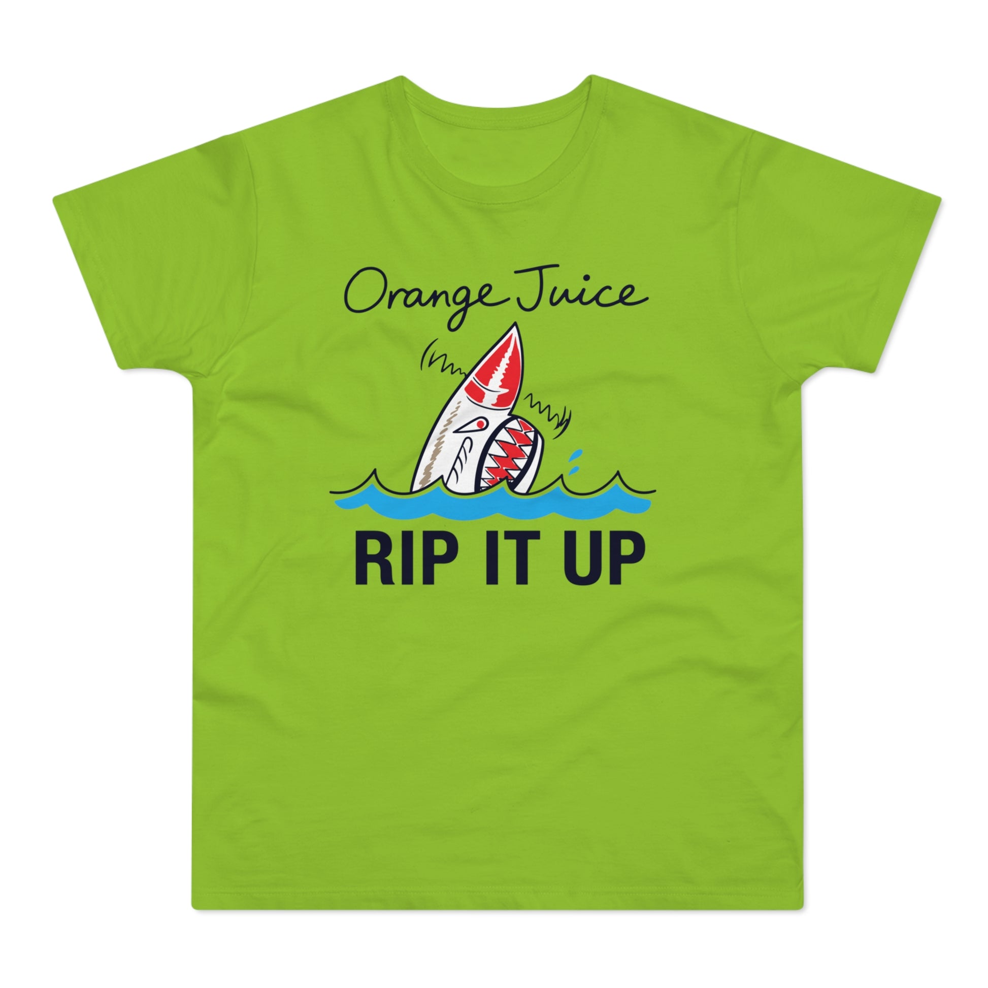 Lime green shirt with cartoon shark graphic and text "Orange Juice RIP IT UP".