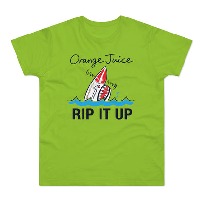 Lime green shirt with cartoon shark graphic and text "Orange Juice RIP IT UP".