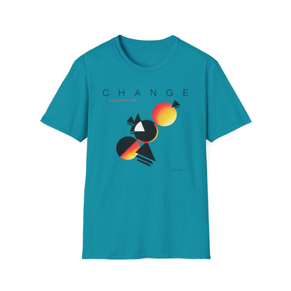 Teal t-shirt with abstract geometric design and text "CHANGE THE GLOW OF LOVE".