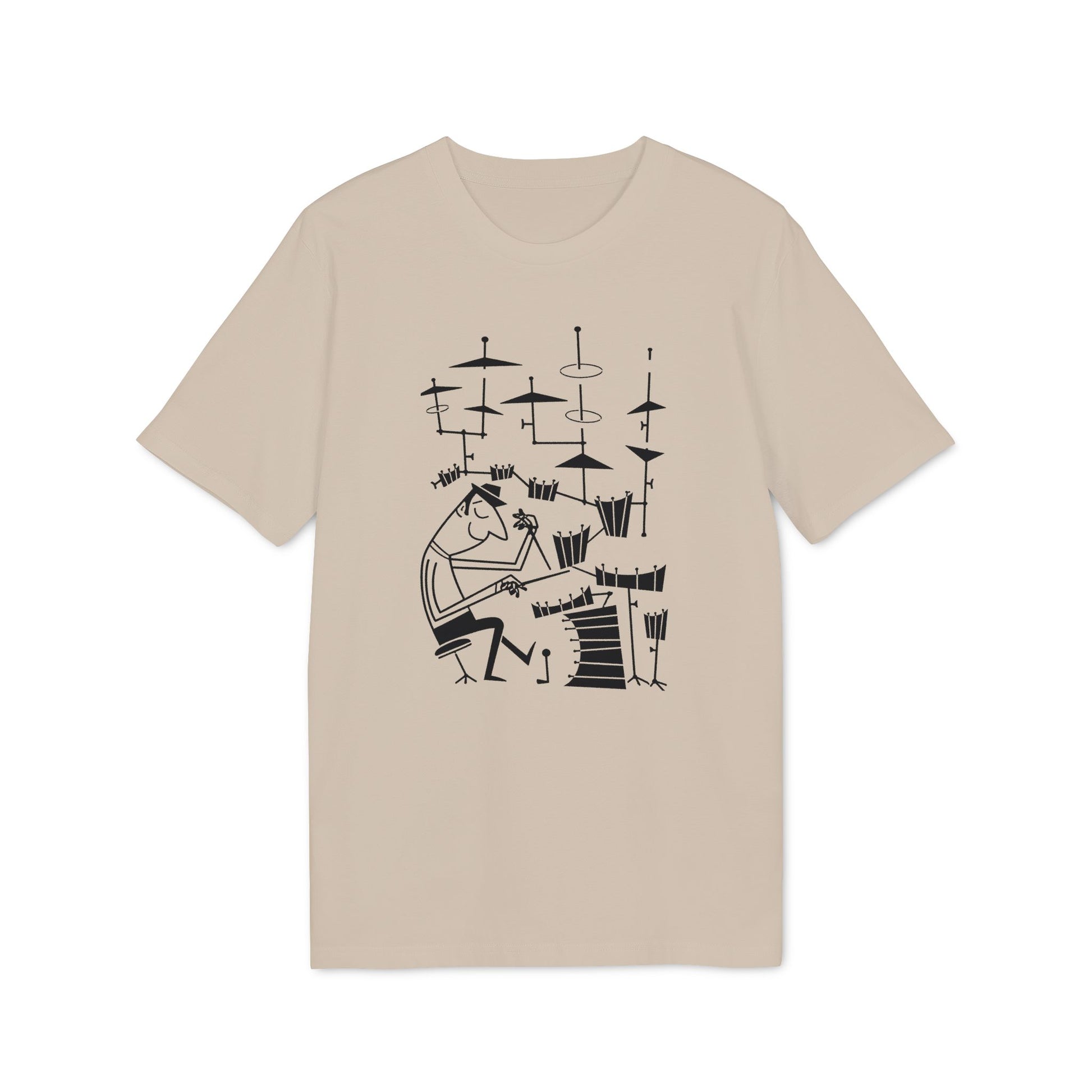 Line drawing of a drummer playing a drum set on a tan t-shirt.