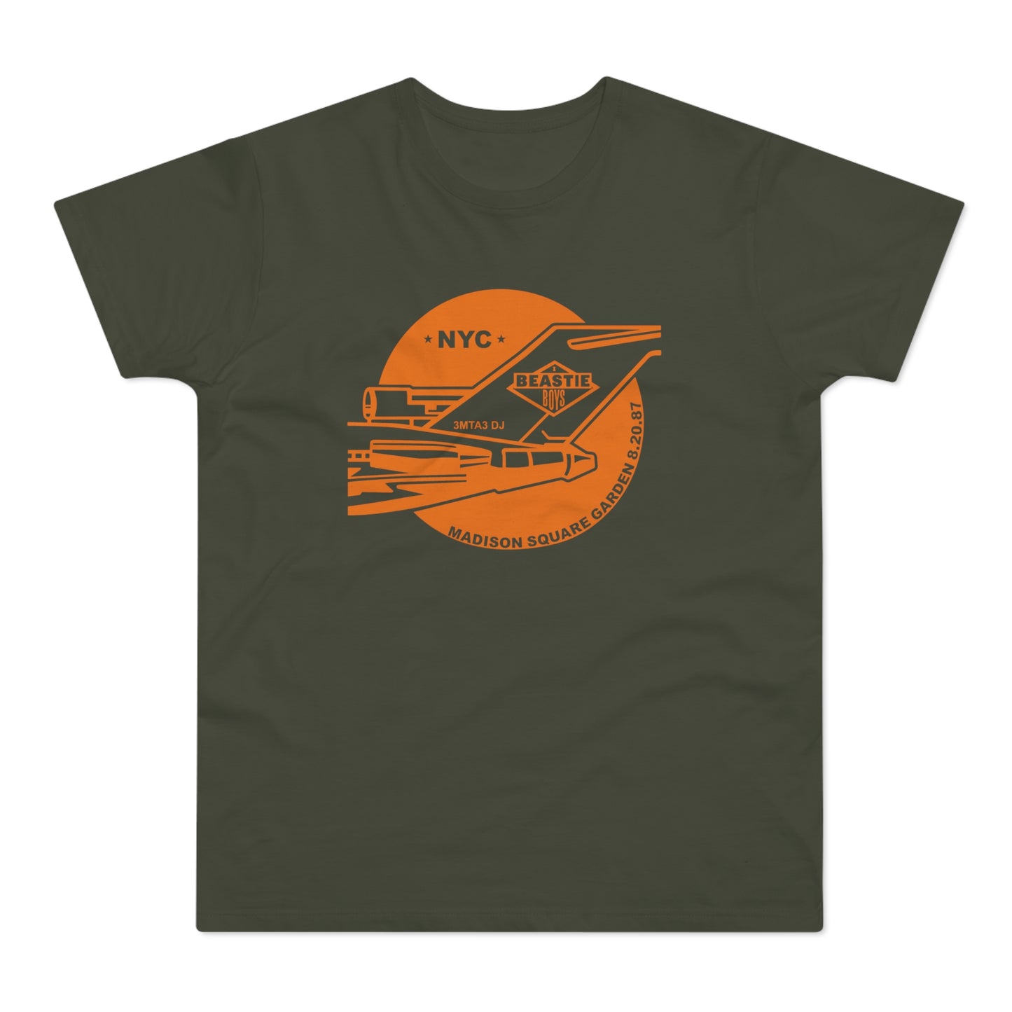 Green t-shirt with orange Beastie Boys NYC Madison Square Garden 8.20.87 graphic.