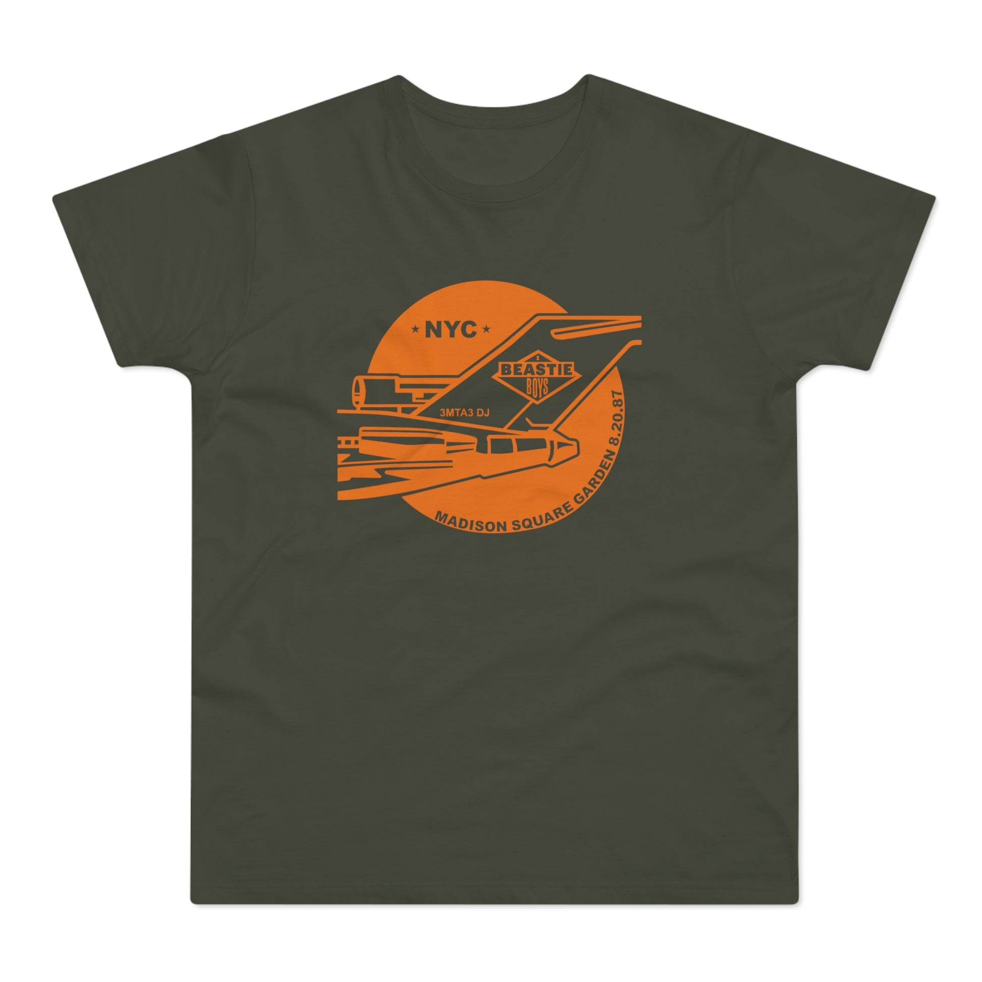 Green t-shirt with orange Beastie Boys NYC Madison Square Garden 8.20.87 graphic.