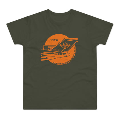 Green t-shirt with orange Beastie Boys NYC Madison Square Garden 8.20.87 graphic.