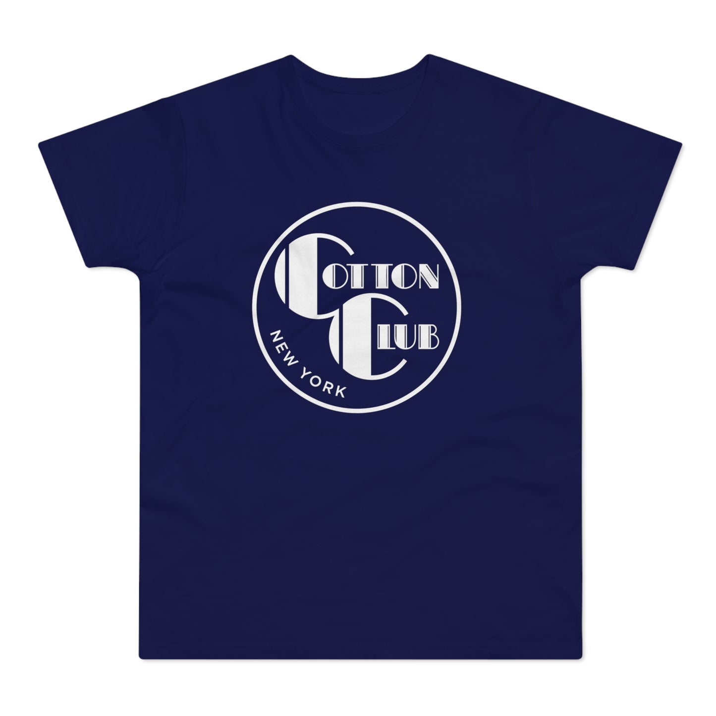 Navy t-shirt with white "Cotton Club New York" circular logo.