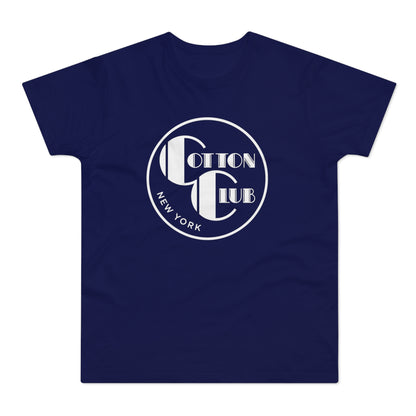 Navy t-shirt with white "Cotton Club New York" circular logo.