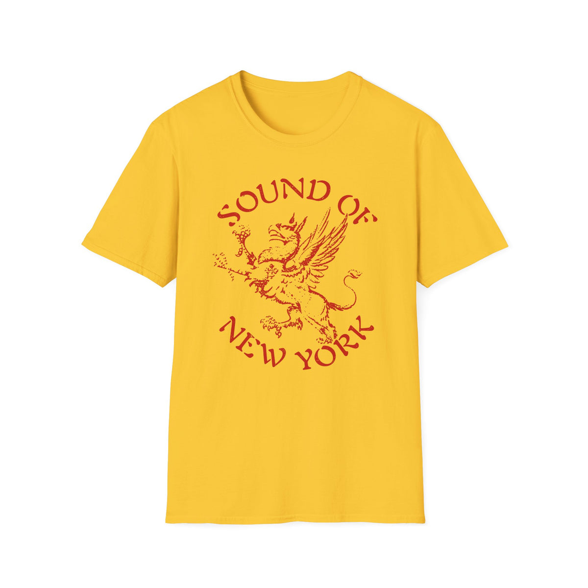 Yellow t-shirt with red text "SOUND OF NEW YORK" and a griffin illustration.