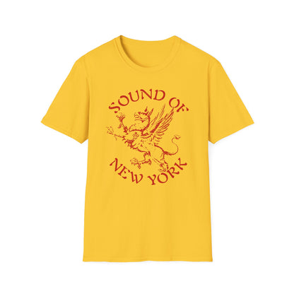 Yellow t-shirt with red text "SOUND OF NEW YORK" and a griffin illustration.
