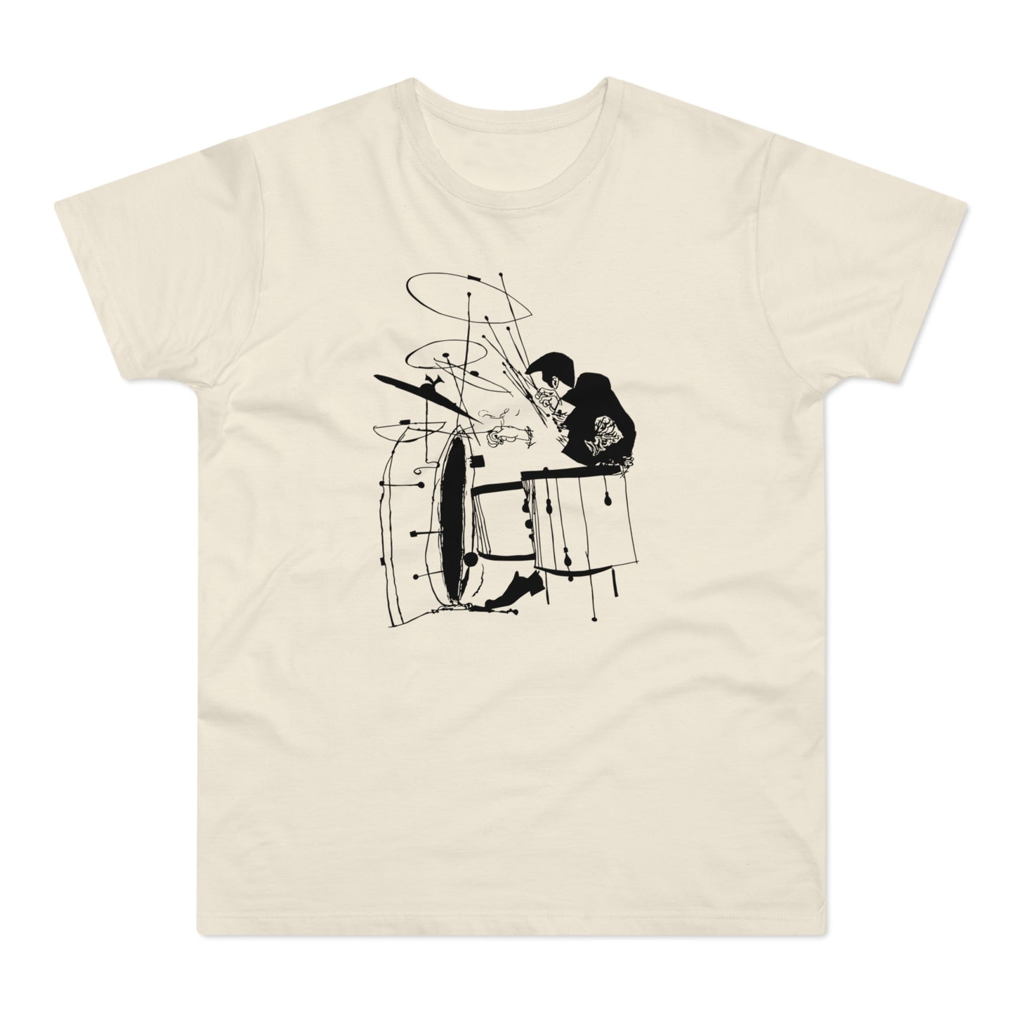 Black linework sketch of a drummer playing a drum kit on a cream t-shirt.