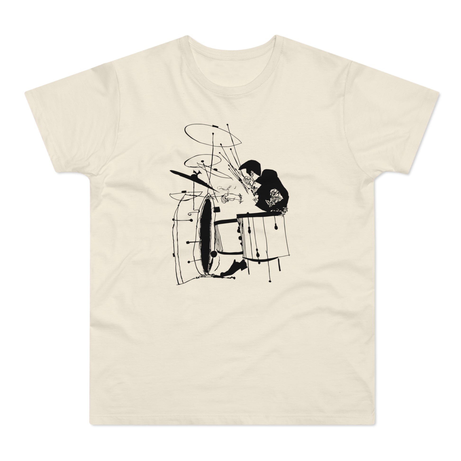Black linework sketch of a drummer playing a drum kit on a cream t-shirt.