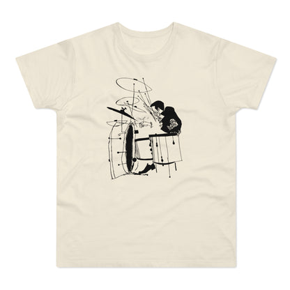 Black linework sketch of a drummer playing a drum kit on a cream t-shirt.