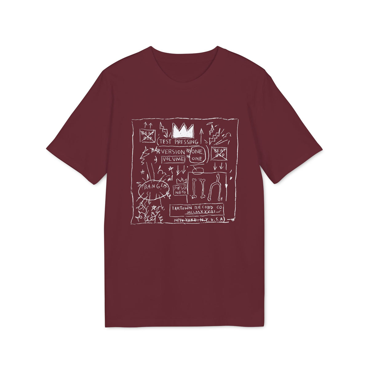 Maroon t-shirt with white Basquiat-style crown and text graphics.