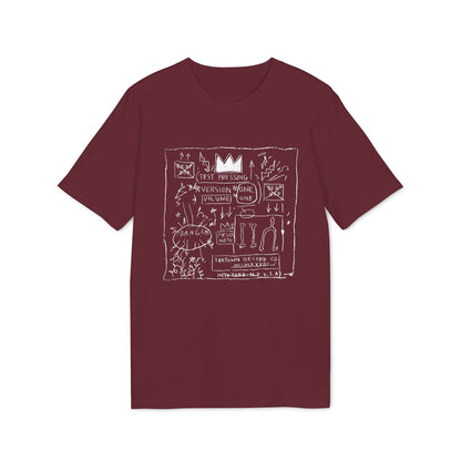 Maroon t-shirt with white Basquiat-style crown and text graphics.