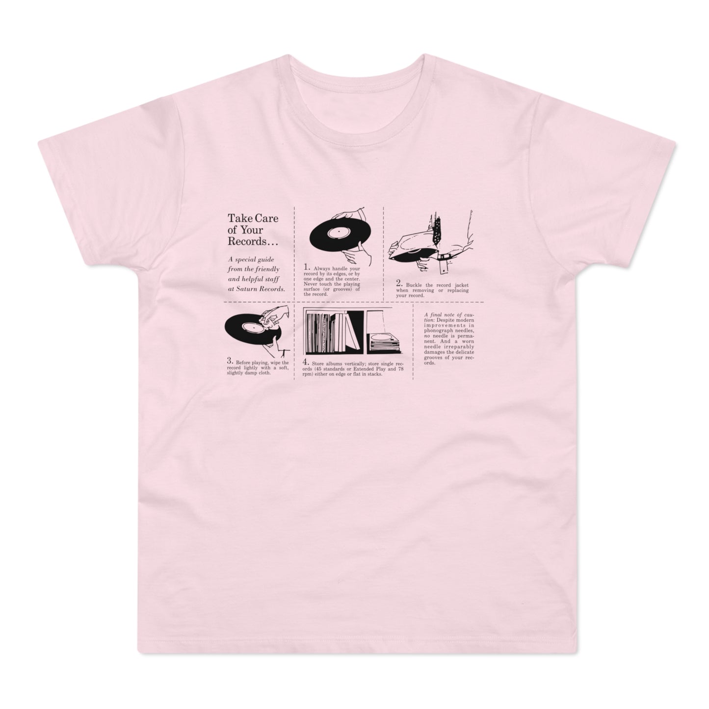 Pink t-shirt with black line drawing diagrams and text titled "Take Care of Your Records..."