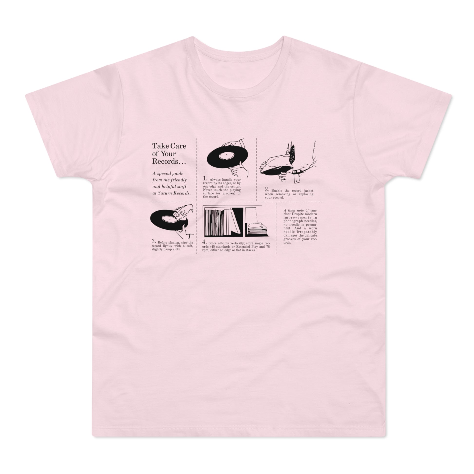 Pink t-shirt with black line drawing diagrams and text titled "Take Care of Your Records..."