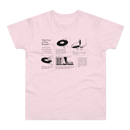 Pink t-shirt with black line drawing diagrams and text titled "Take Care of Your Records..."