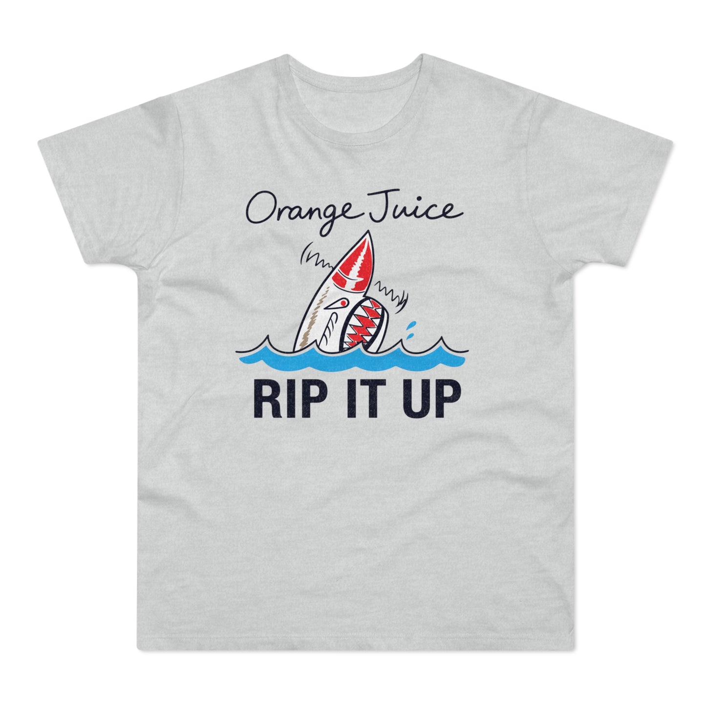 T-shirt with graphic of shark and text "Orange Juice RIP IT UP"