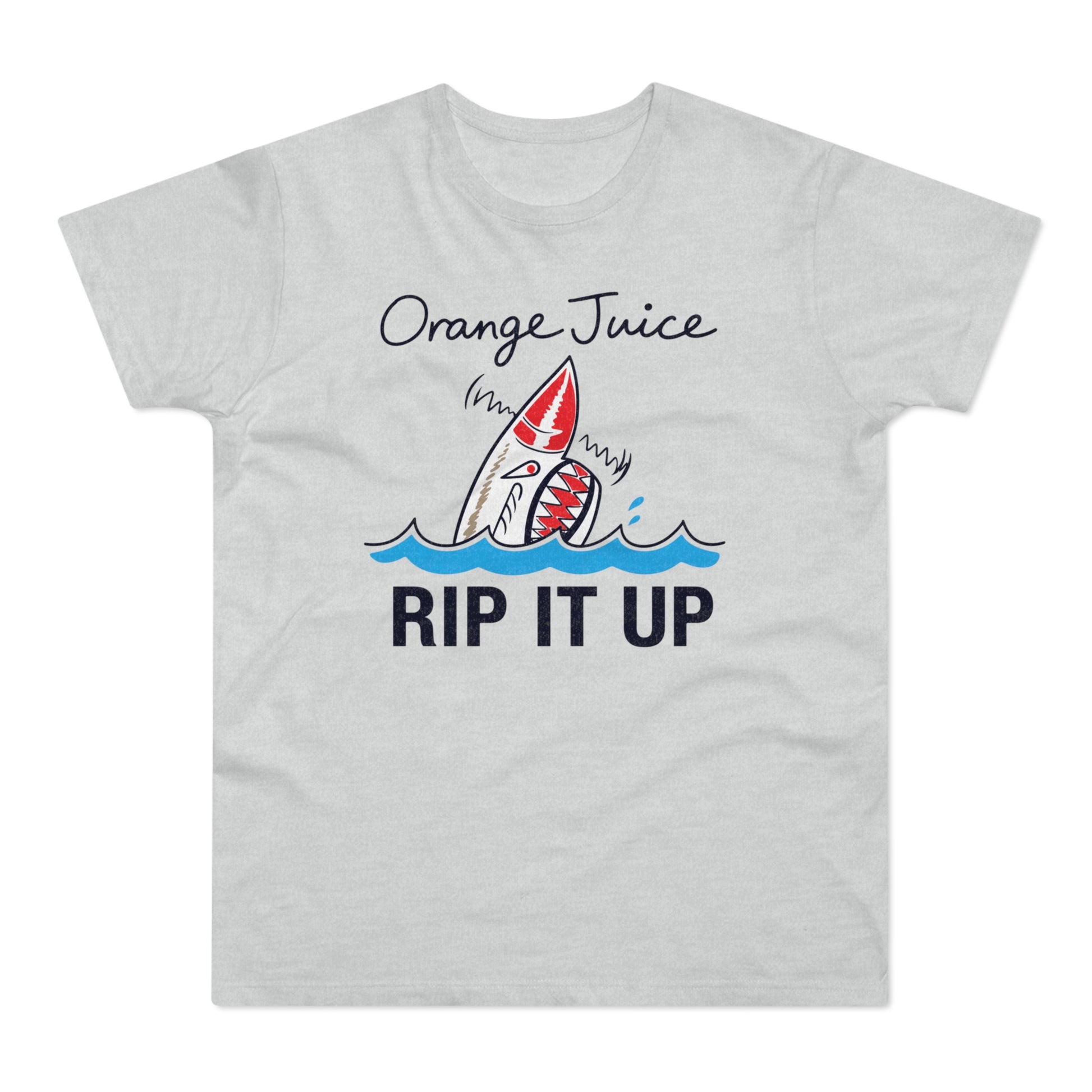 T-shirt with graphic of shark and text "Orange Juice RIP IT UP"