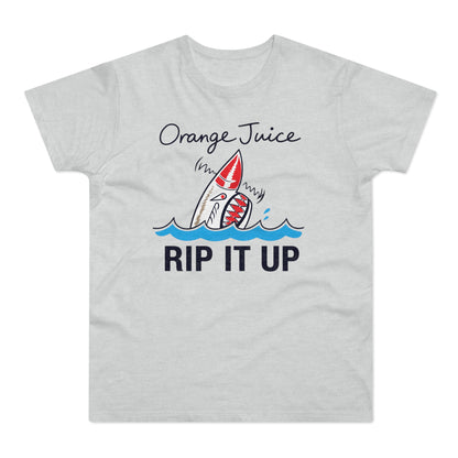 T-shirt with graphic of shark and text "Orange Juice RIP IT UP"