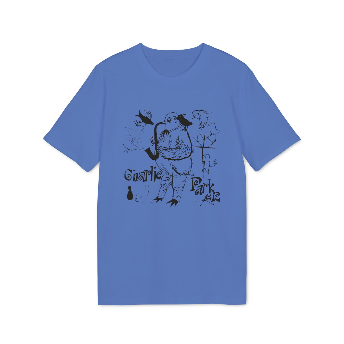T-shirt with a black ink illustration of a bird playing a saxophone and "Charlie Park" text.
