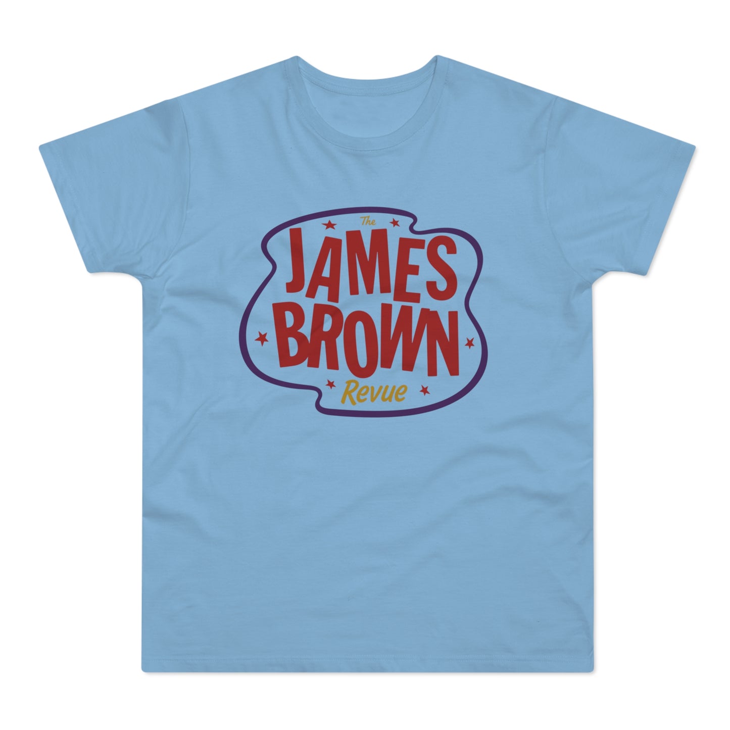 Light blue t-shirt with "The James Brown Revue" in red and purple lettering.