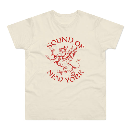 Cream t-shirt with red distressed text "SOUND OF NEW YORK" and a griffin graphic.