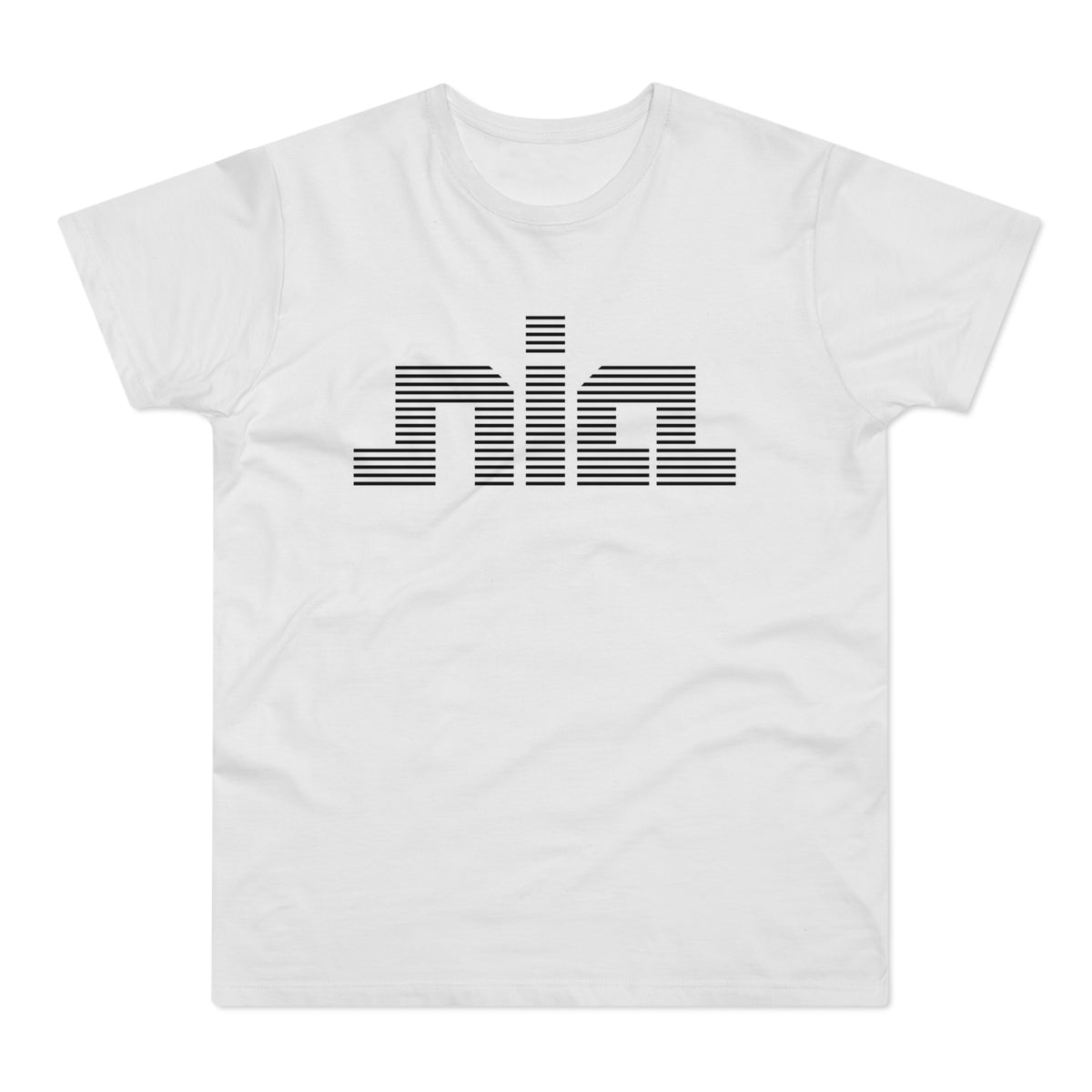 White t-shirt with black horizontal striped "nia" logo on chest.