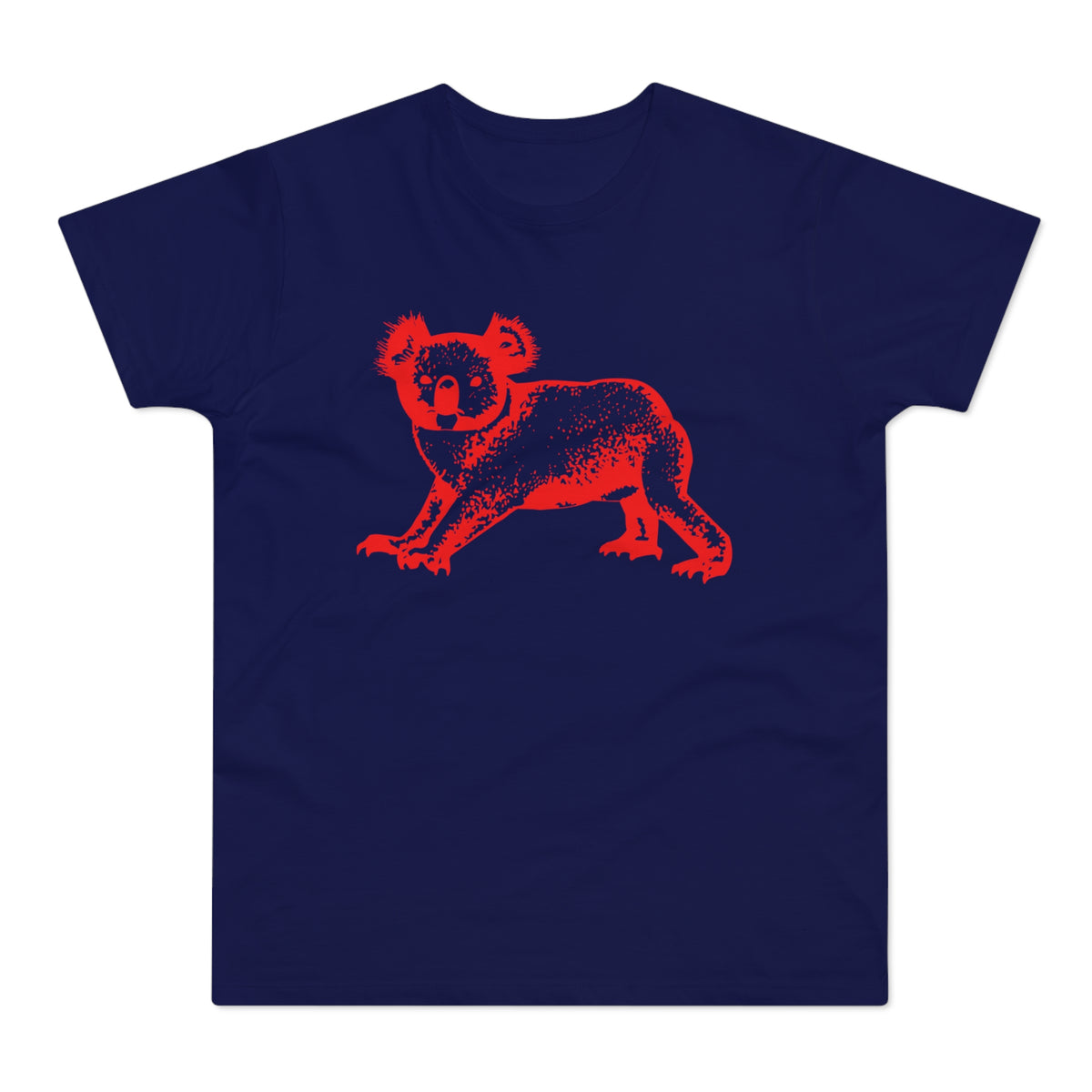 Navy t-shirt with a red distressed koala graphic.