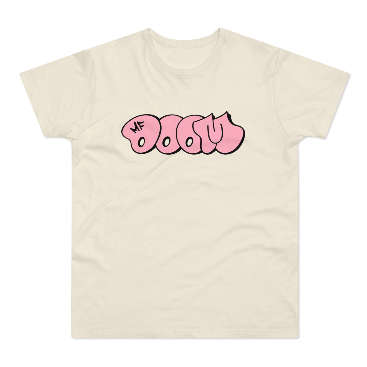 Cream t-shirt with pink "MF DOOM" graffiti graphic.