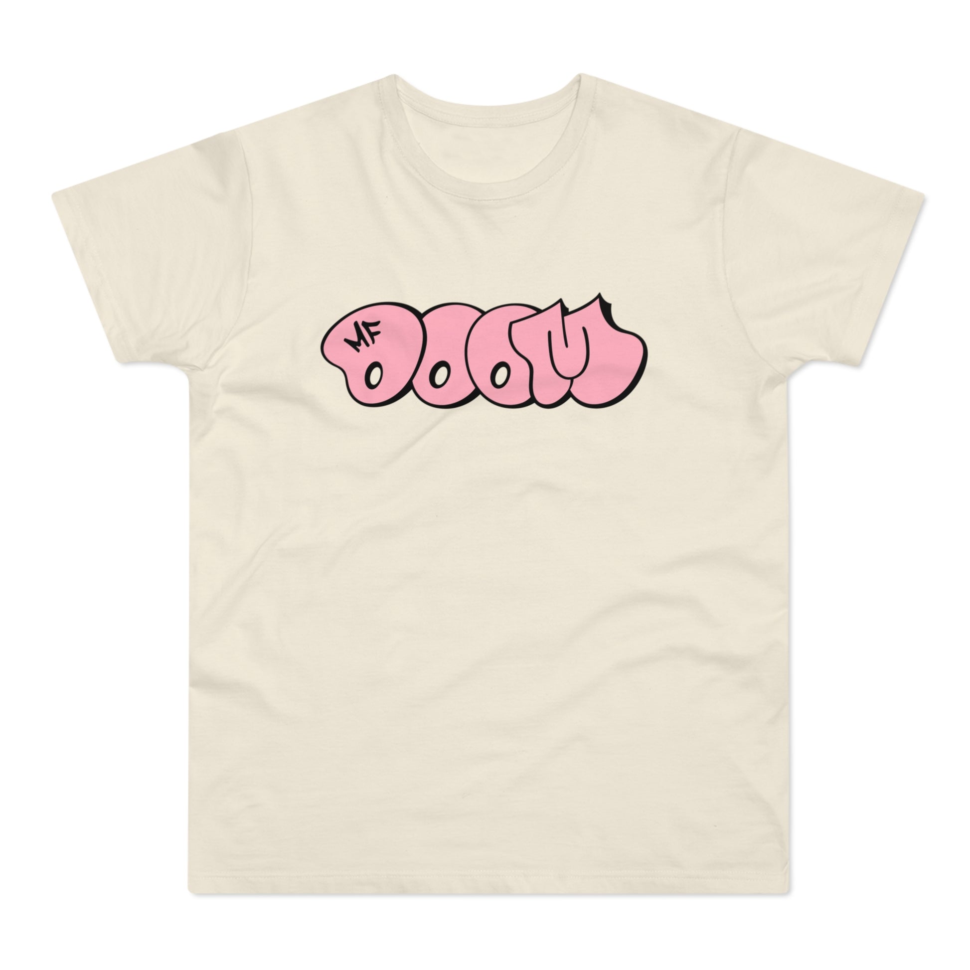 Cream t-shirt with pink "MF DOOM" graffiti graphic.