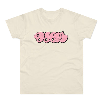 Cream t-shirt with pink "MF DOOM" graffiti graphic.