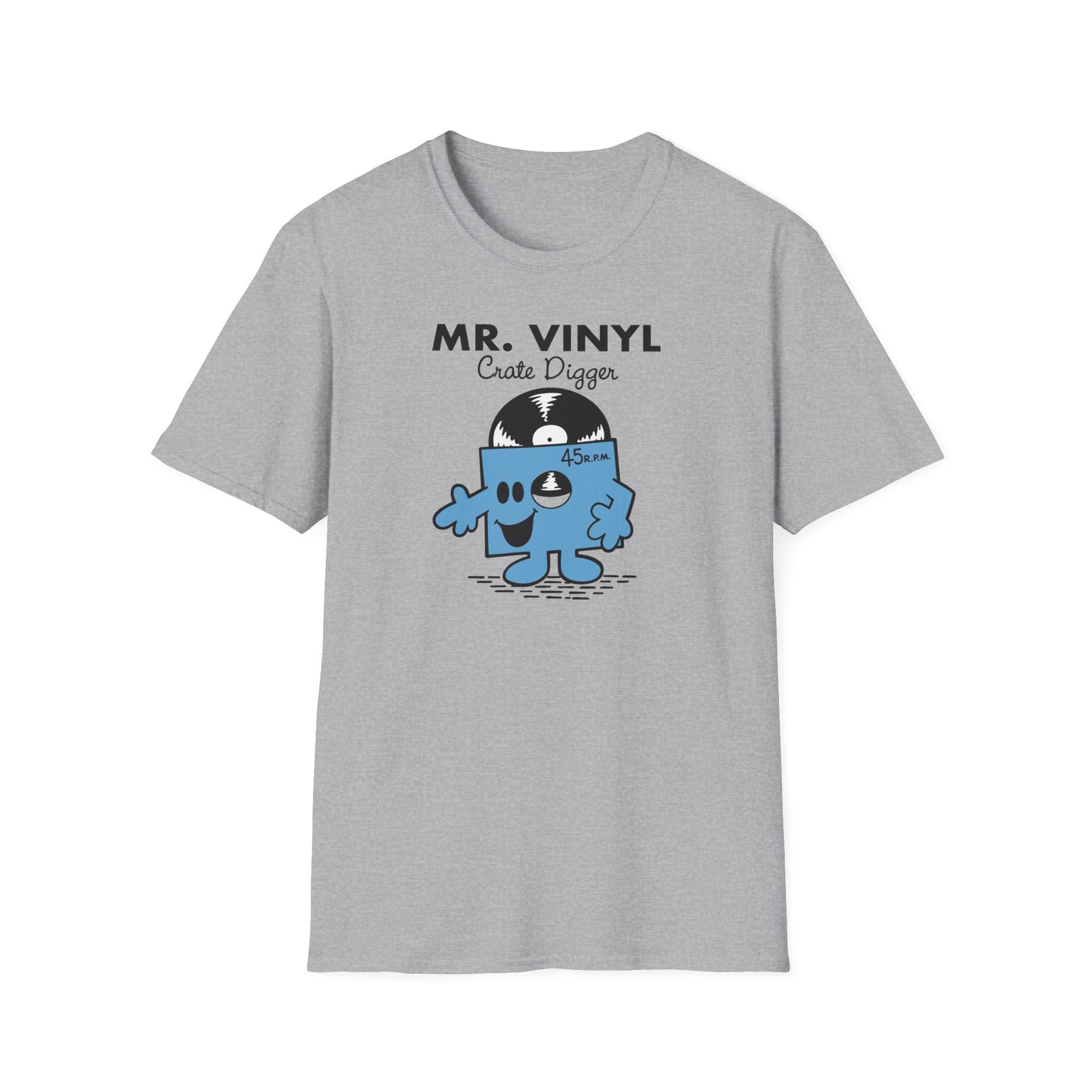 Grey t-shirt with "MR. VINYL Crate Digger" and cartoon record character.