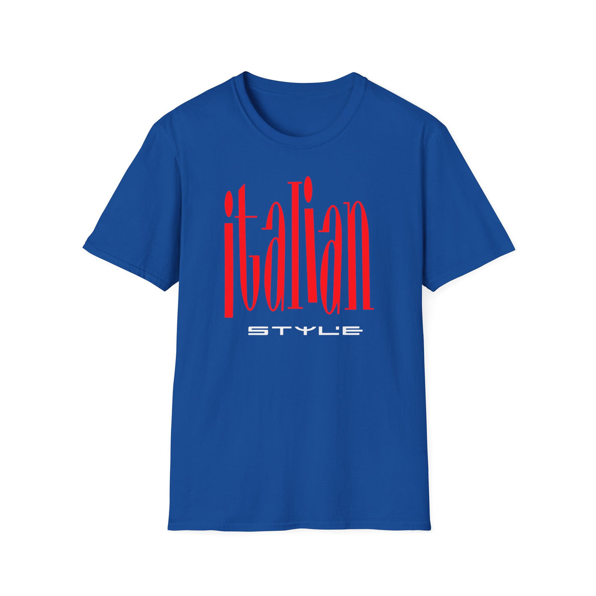 Blue t-shirt with red vertical "italian" text and white "STYLE" text.