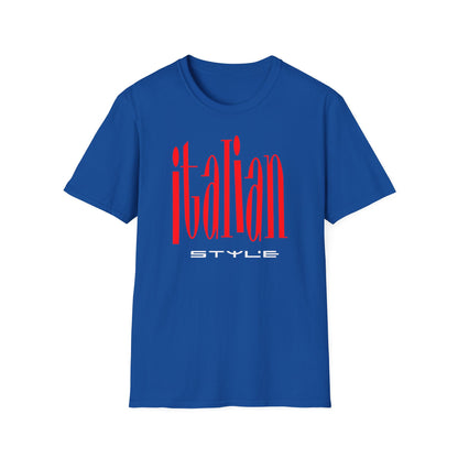 Blue t-shirt with red vertical "italian" text and white "STYLE" text.