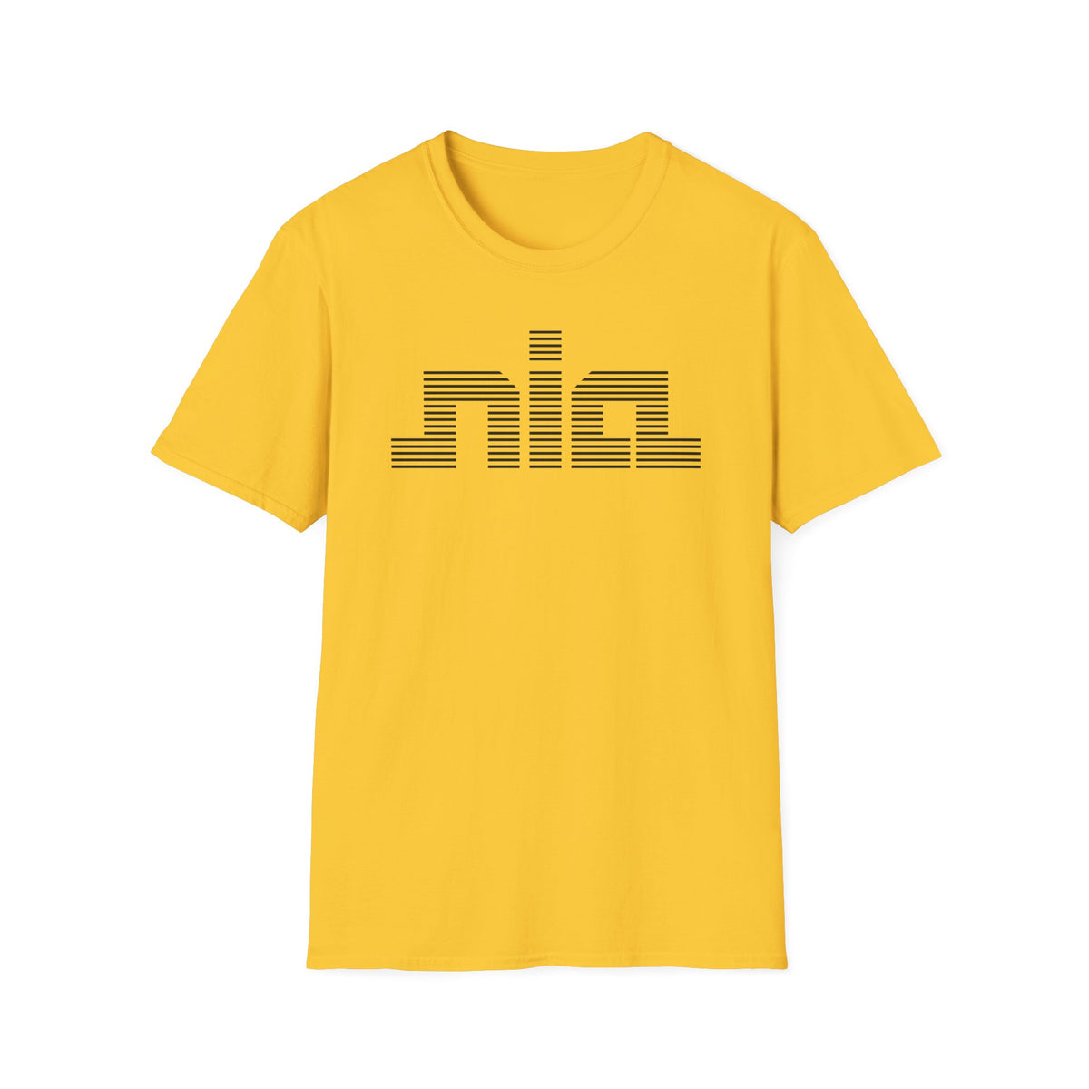 Yellow t-shirt with black striped "nia" graphic.