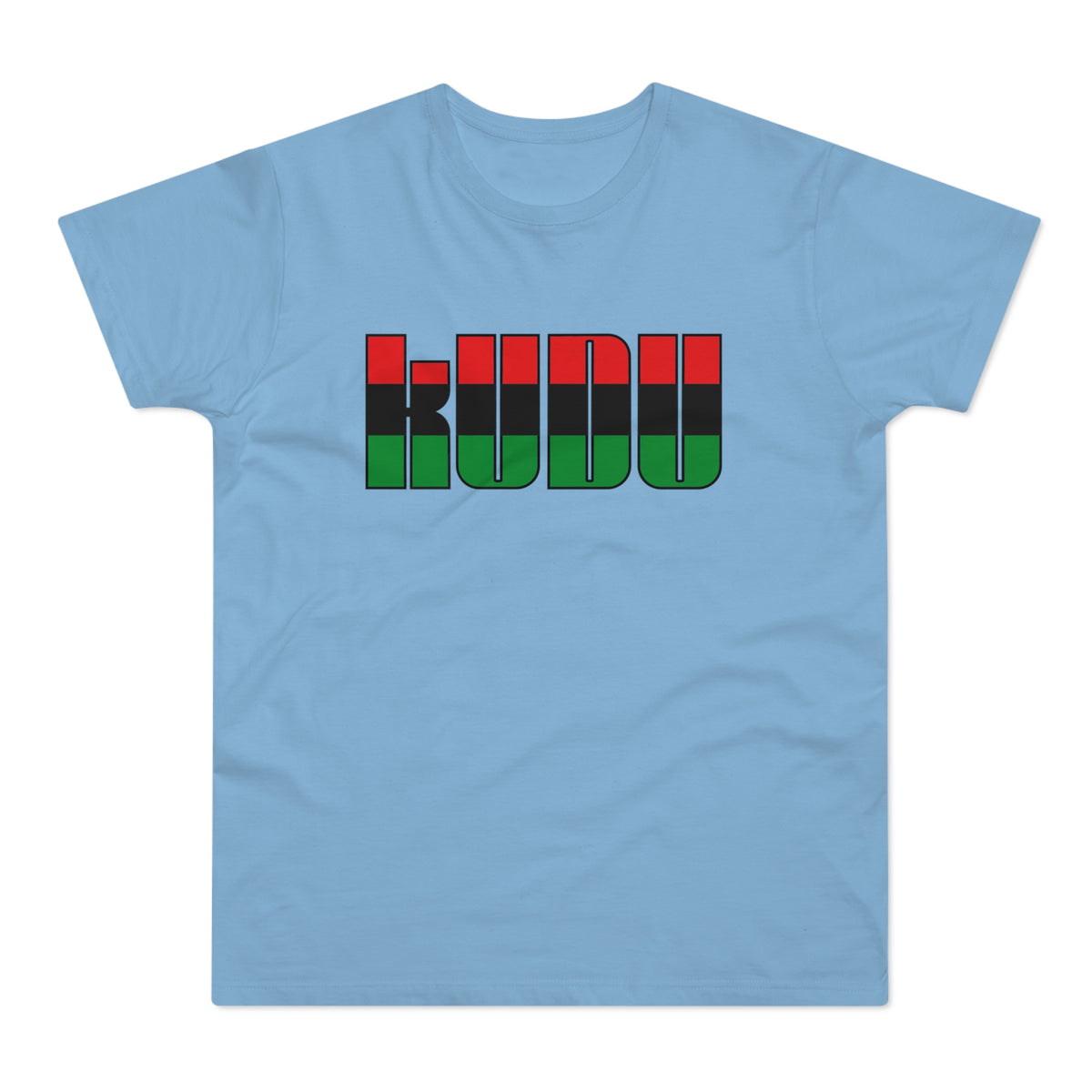 Light blue t-shirt with black, red, and green block lettering spelling KU DU.