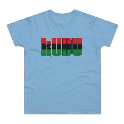 Light blue t-shirt with black, red, and green block lettering spelling KU DU.