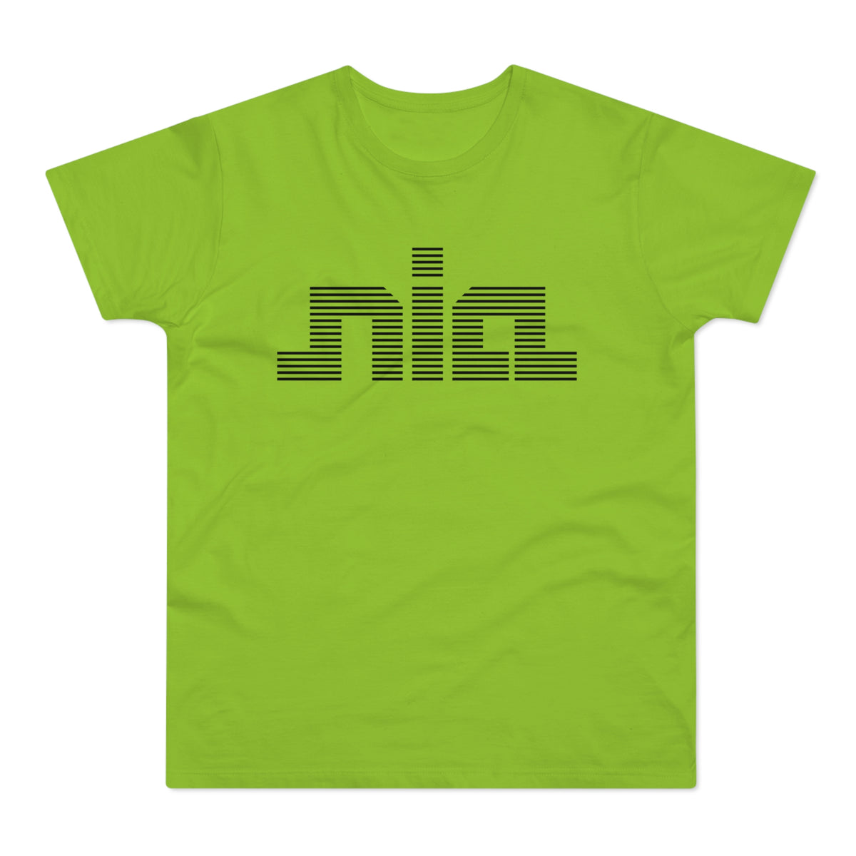Green t-shirt with black horizontal striped "nia" logo on front.