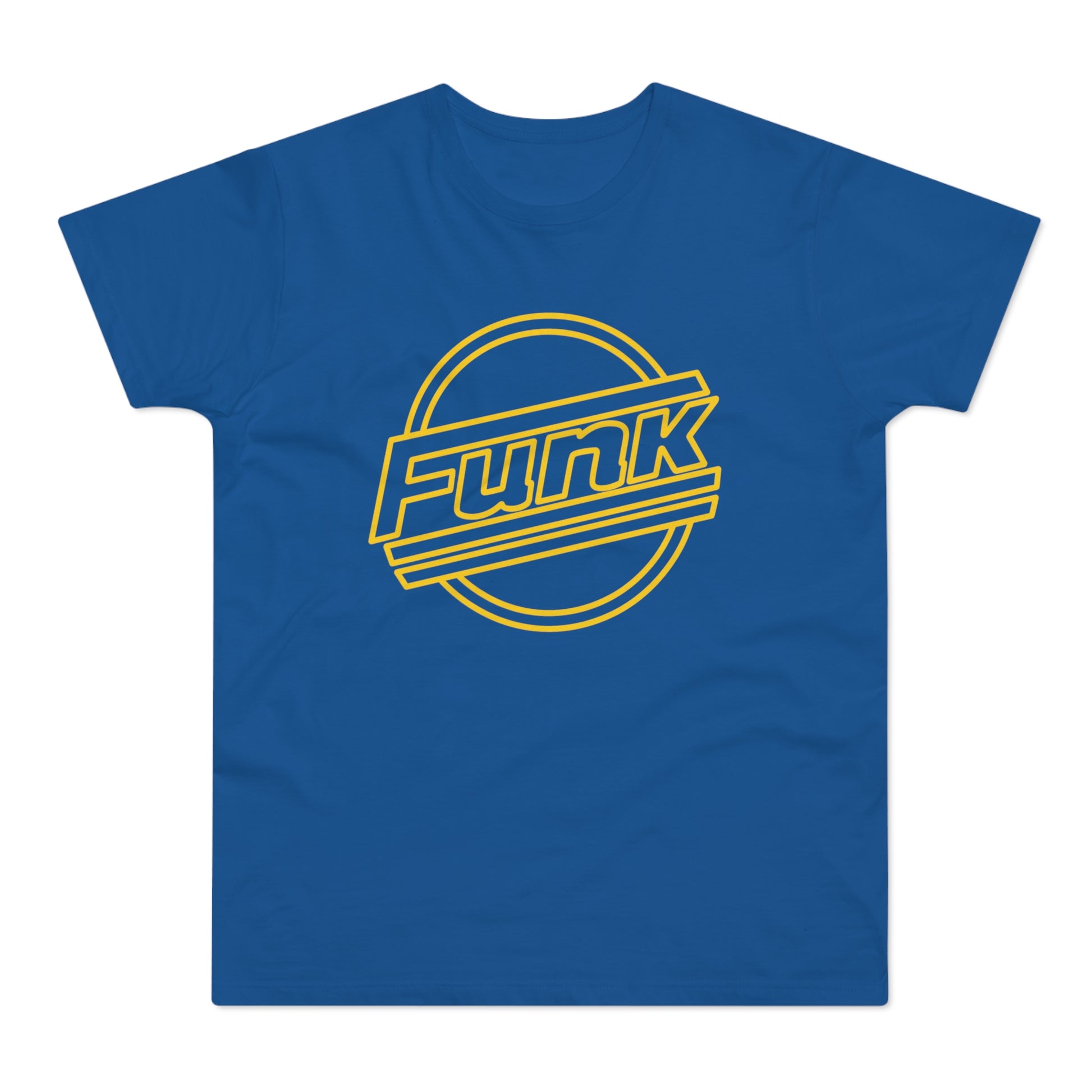 Blue t-shirt with yellow circular "Funk" graphic.