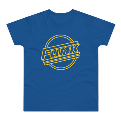 Blue t-shirt with yellow circular "Funk" graphic.