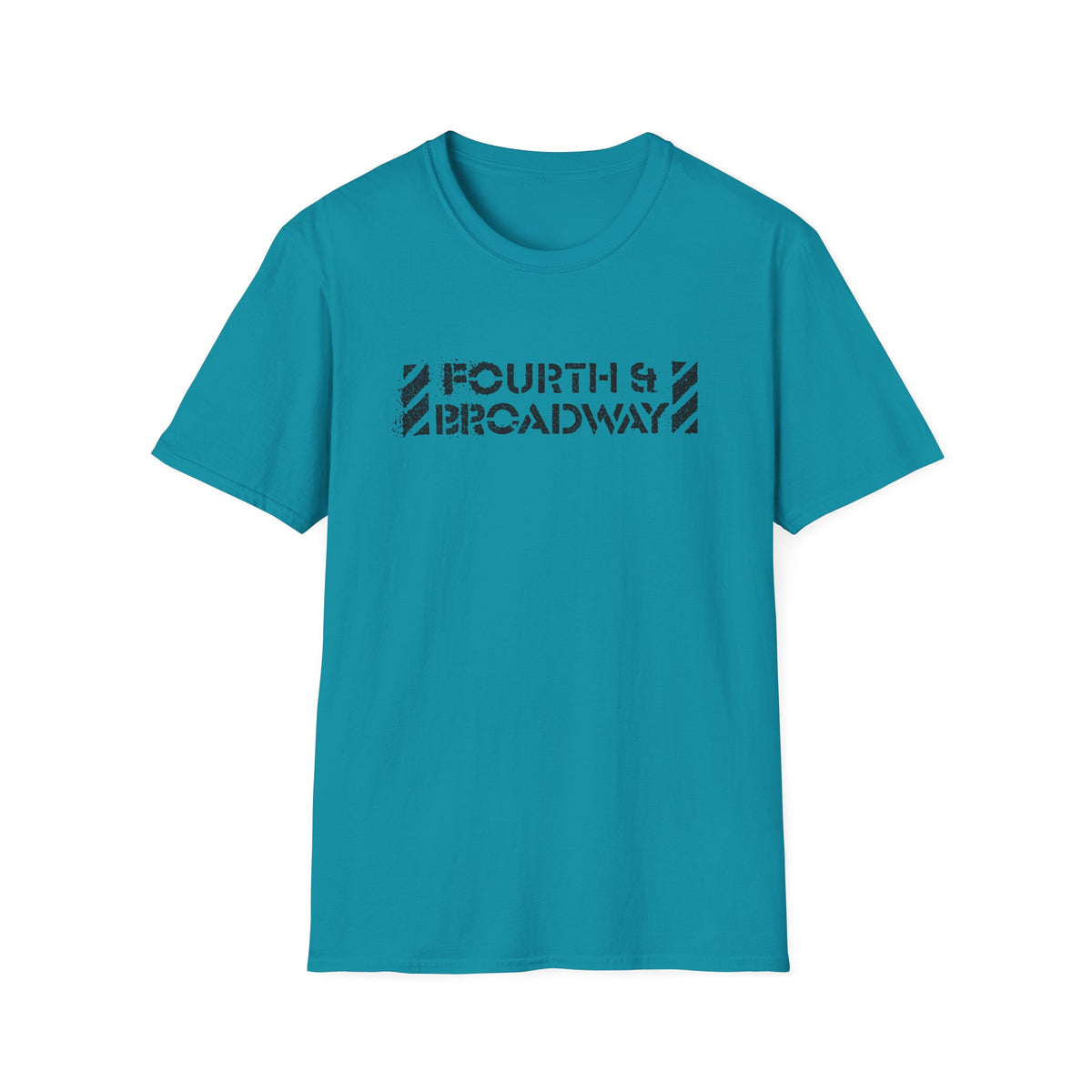 Teal t-shirt with distressed black "FOURTH & BROADWAY" text graphic.