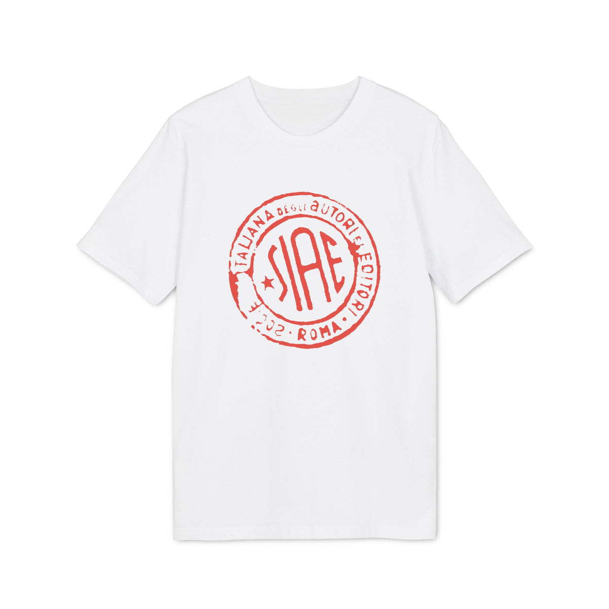 White t-shirt with red circular stamp logo reading "SIAE" and Italian text.