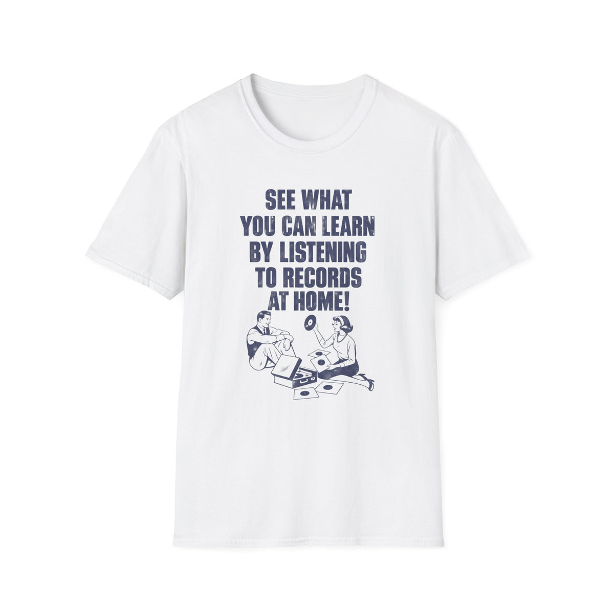 White t-shirt with blue text and illustration of a couple listening to records.